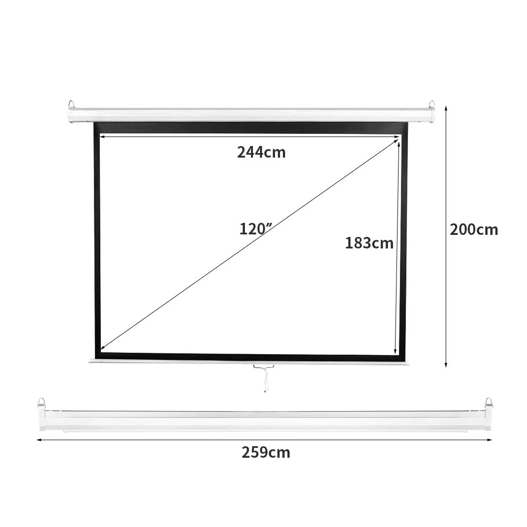 120" Projector Screen Manual Projection Retractable 3D Home Cinema 4:3 Screens