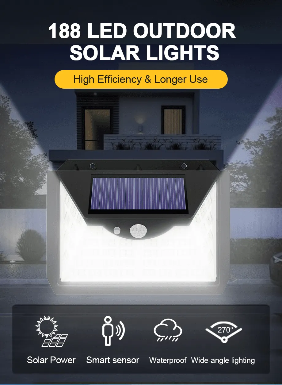188 LED Solar Light Outdoor 3&4Modes Lamp Waterproof  Motion Sensor