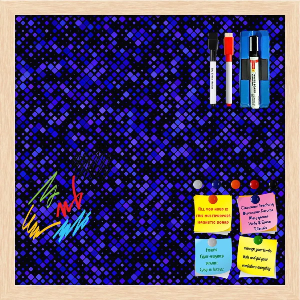 Abstract Tiled Mosaic Pattern Framed Magnetic Dry Erase Board | Combo with Magnet Buttons & Markers