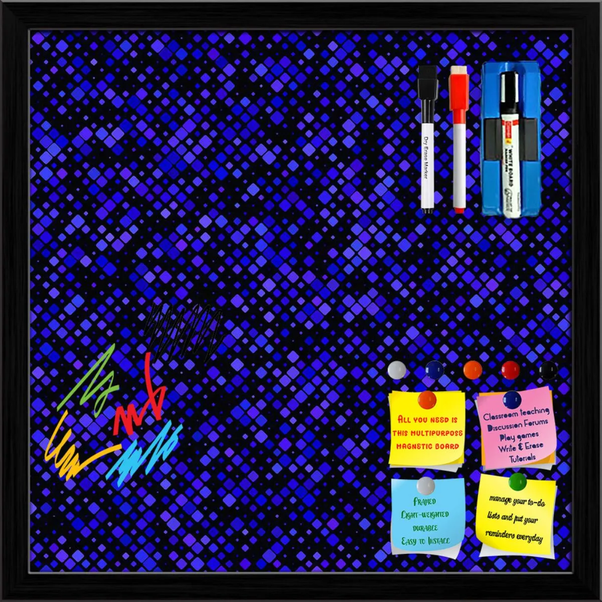Abstract Tiled Mosaic Pattern Framed Magnetic Dry Erase Board | Combo with Magnet Buttons & Markers