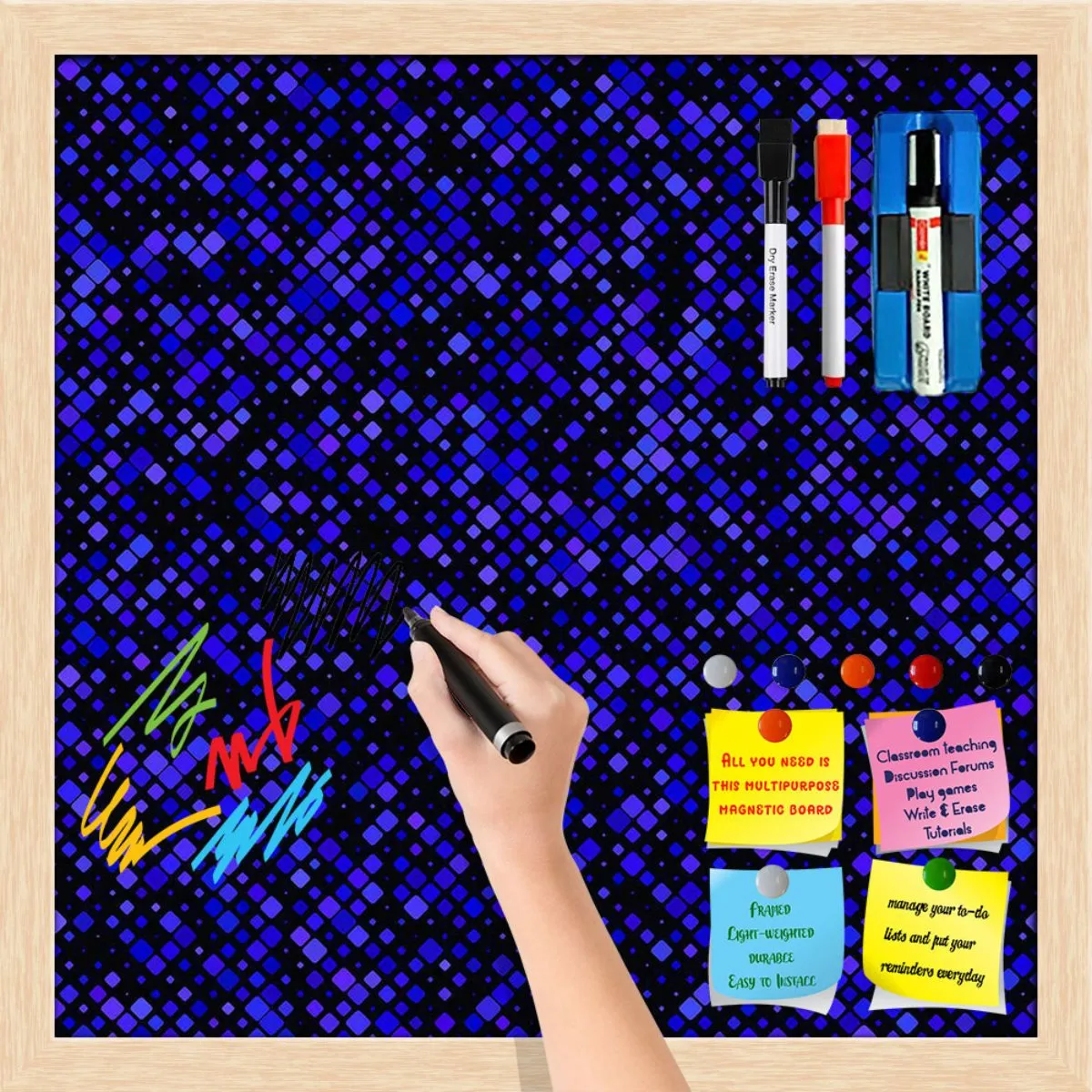 Abstract Tiled Mosaic Pattern Framed Magnetic Dry Erase Board | Combo with Magnet Buttons & Markers