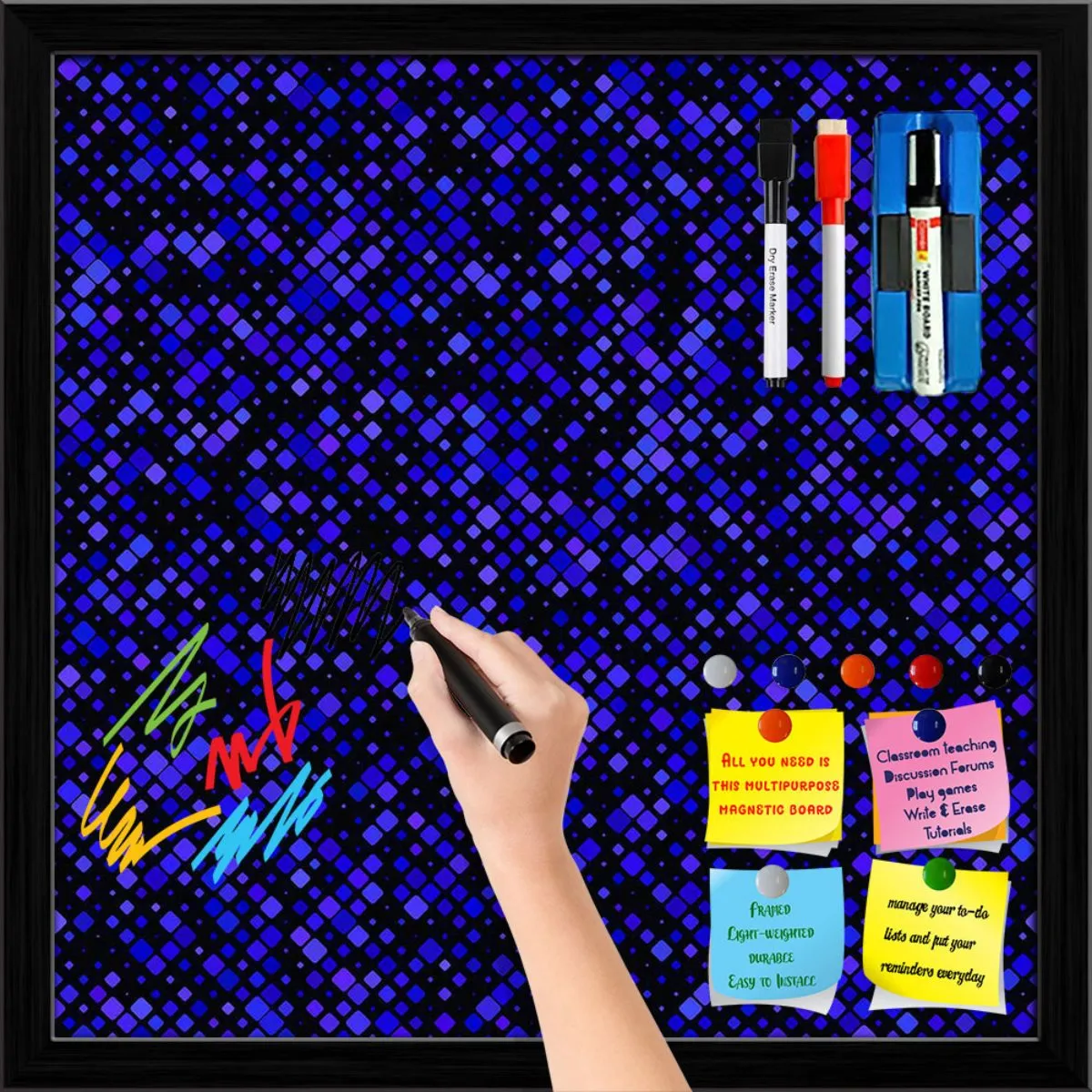 Abstract Tiled Mosaic Pattern Framed Magnetic Dry Erase Board | Combo with Magnet Buttons & Markers