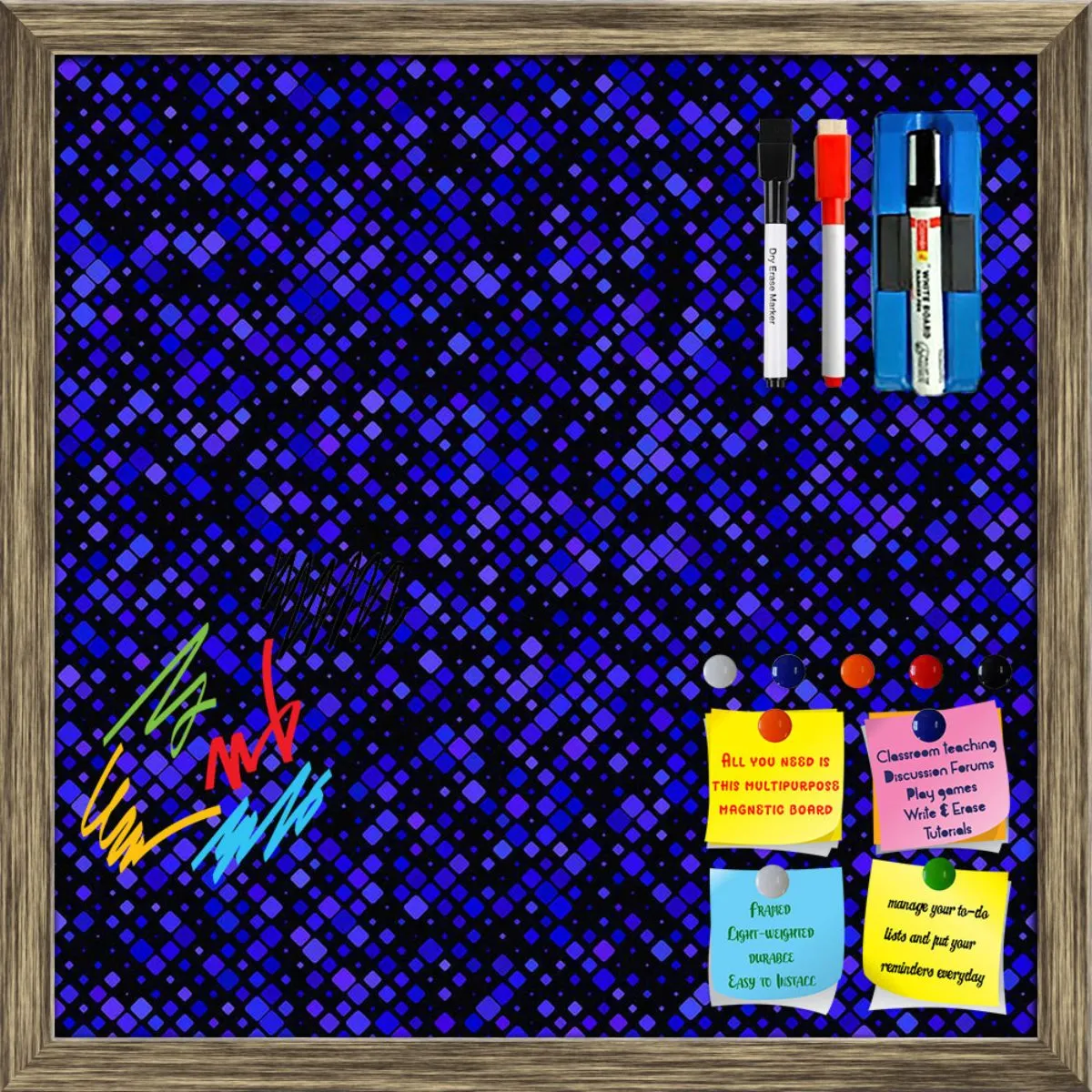 Abstract Tiled Mosaic Pattern Framed Magnetic Dry Erase Board | Combo with Magnet Buttons & Markers