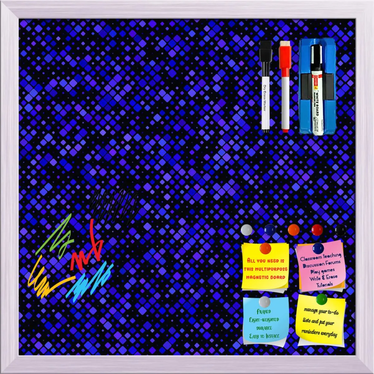 Abstract Tiled Mosaic Pattern Framed Magnetic Dry Erase Board | Combo with Magnet Buttons & Markers