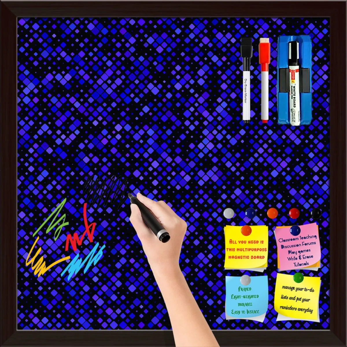 Abstract Tiled Mosaic Pattern Framed Magnetic Dry Erase Board | Combo with Magnet Buttons & Markers