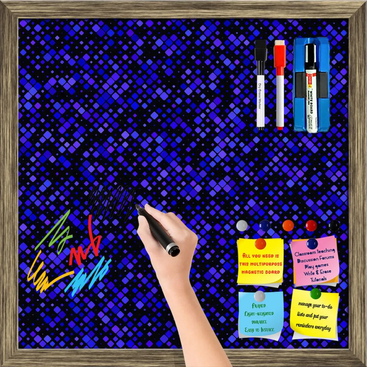 Abstract Tiled Mosaic Pattern Framed Magnetic Dry Erase Board | Combo with Magnet Buttons & Markers