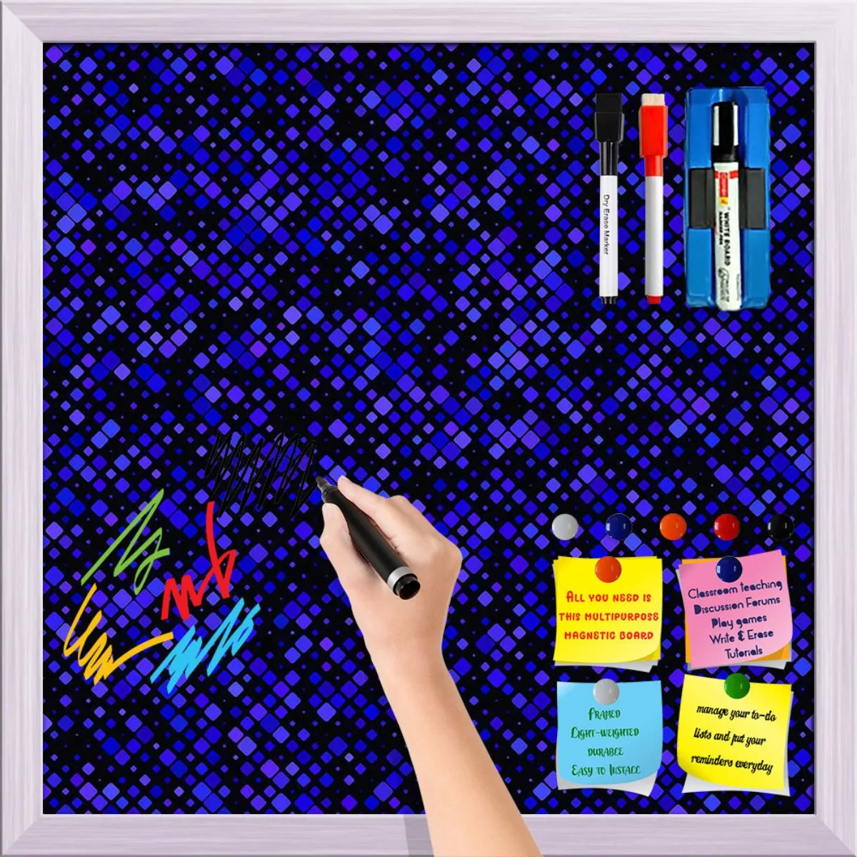 Abstract Tiled Mosaic Pattern Framed Magnetic Dry Erase Board | Combo with Magnet Buttons & Markers