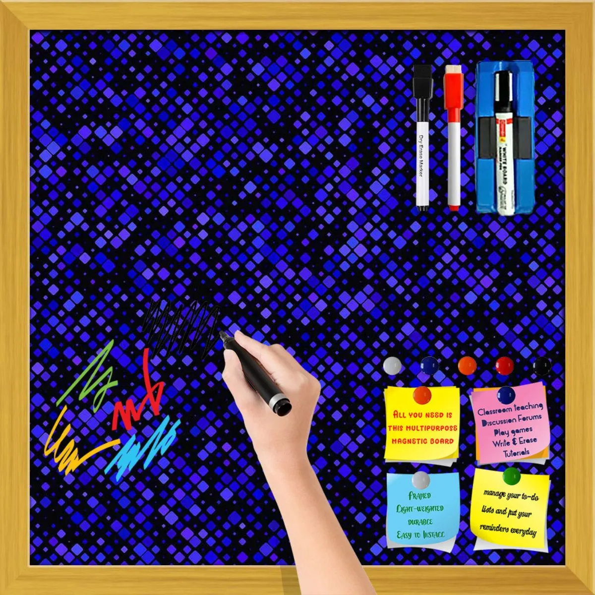Abstract Tiled Mosaic Pattern Framed Magnetic Dry Erase Board | Combo with Magnet Buttons & Markers