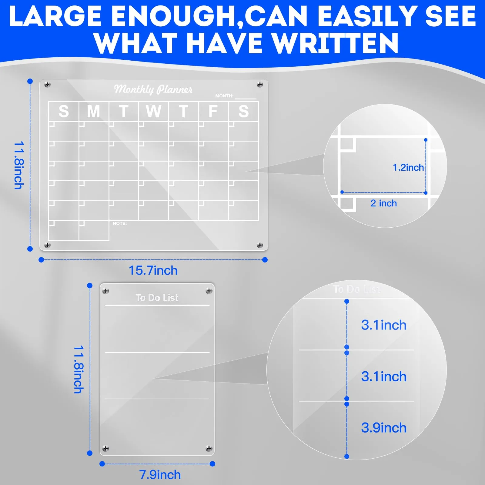Acrylic Calendar for Fridge Clear Magnetic Calendar for Fridge 2PCS Easy to Read and Clean Reusable Planner Planning Board 6 Dry Erase Markers