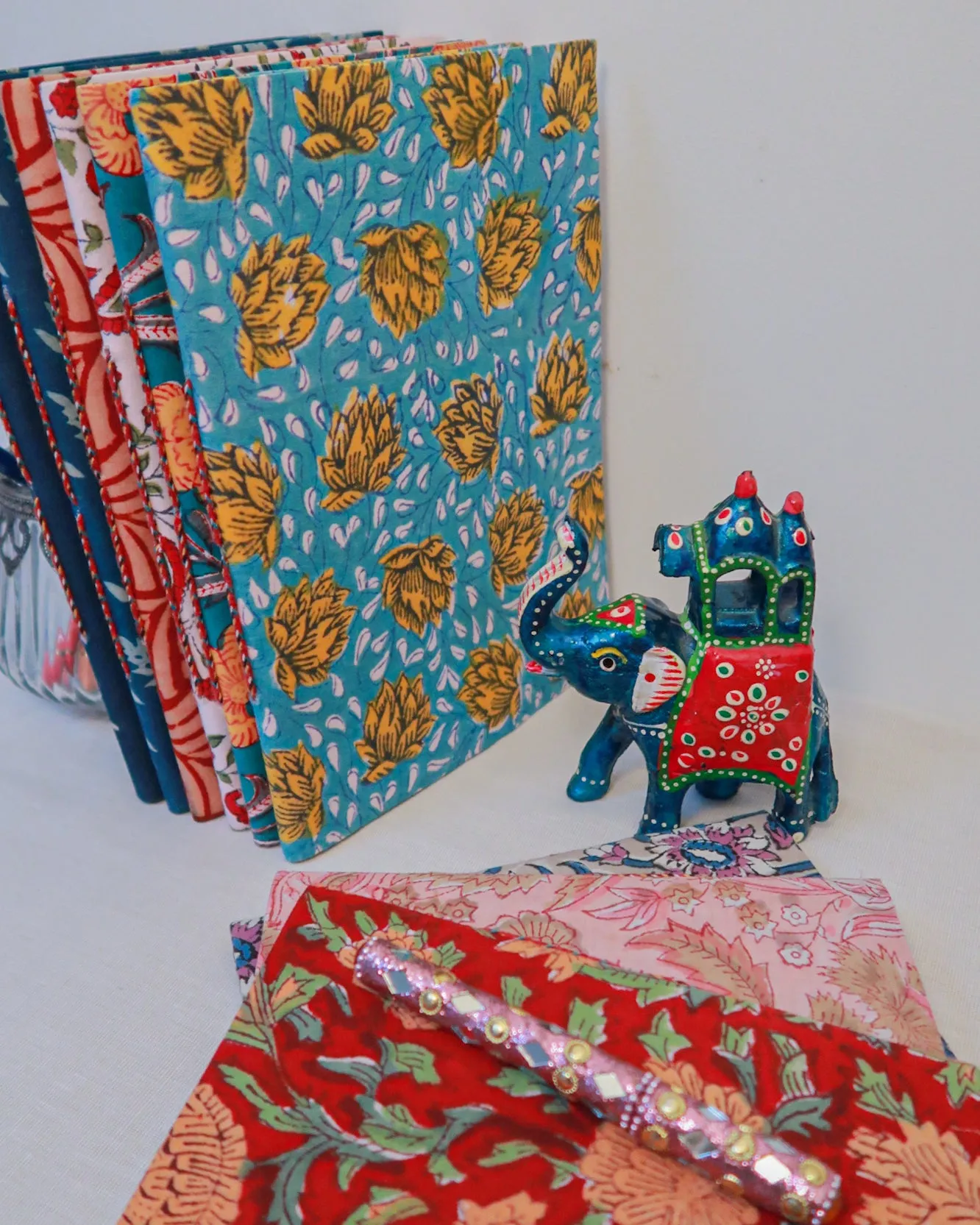 Big handmade block print notebook | Blue leafs