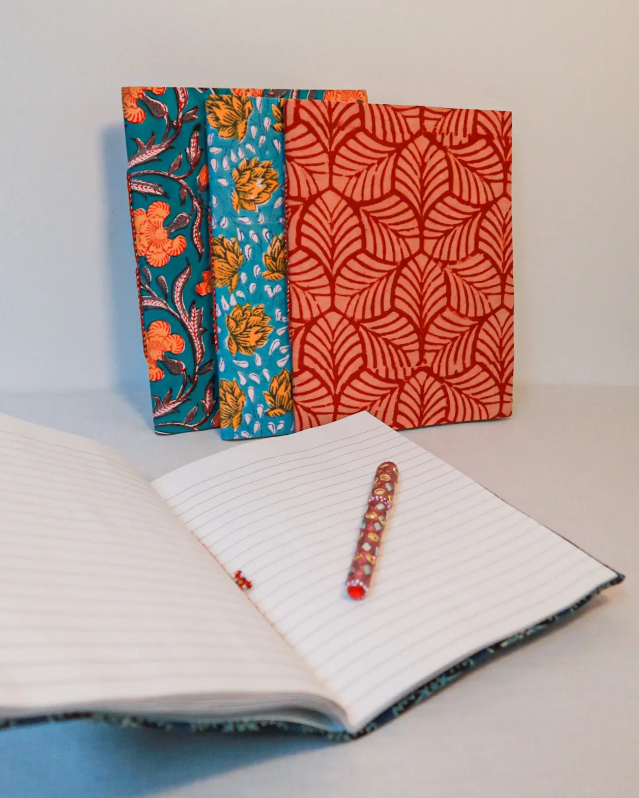 Big handmade block print notebook | Blue leafs