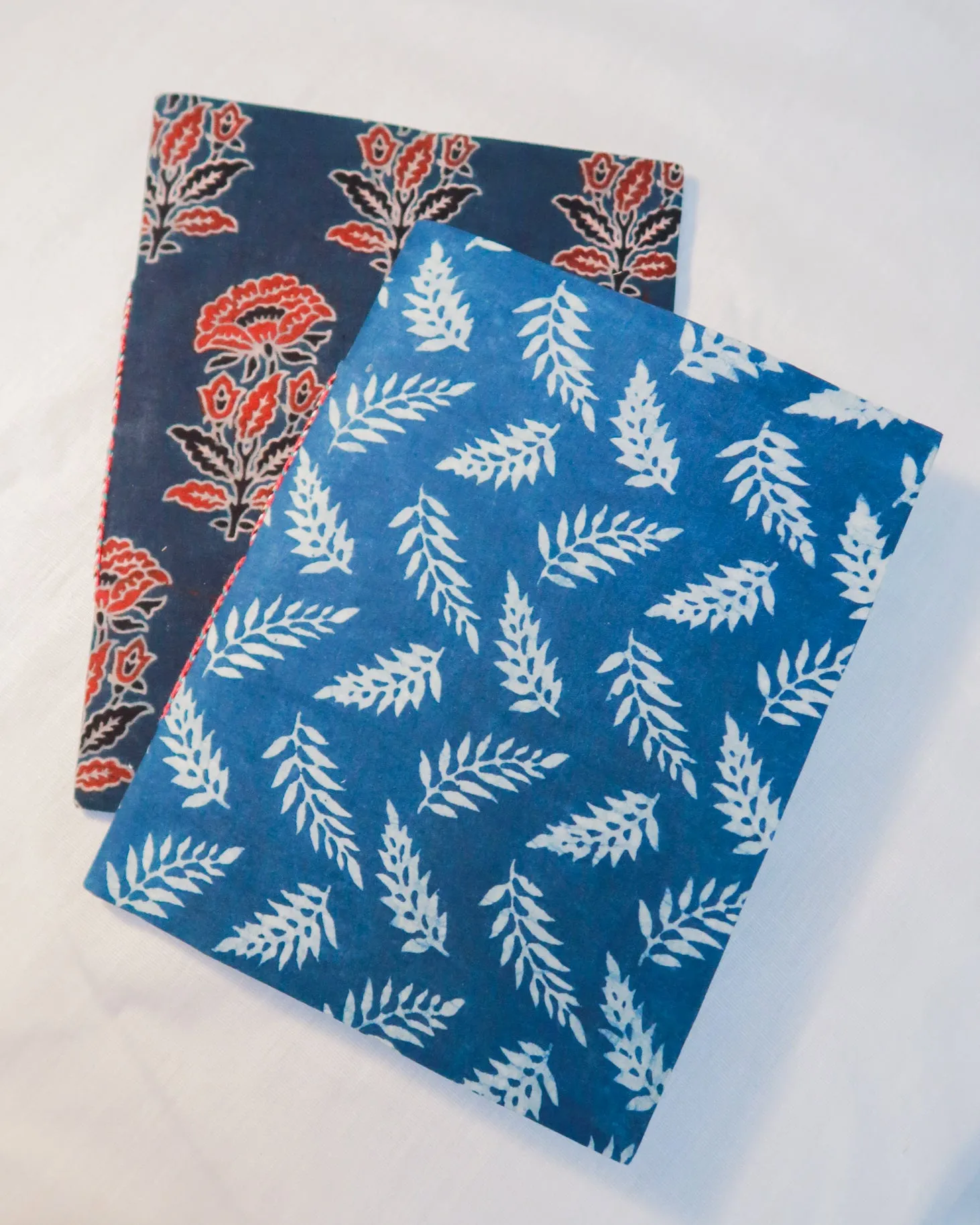 Big handmade block print notebook | Blue leafs