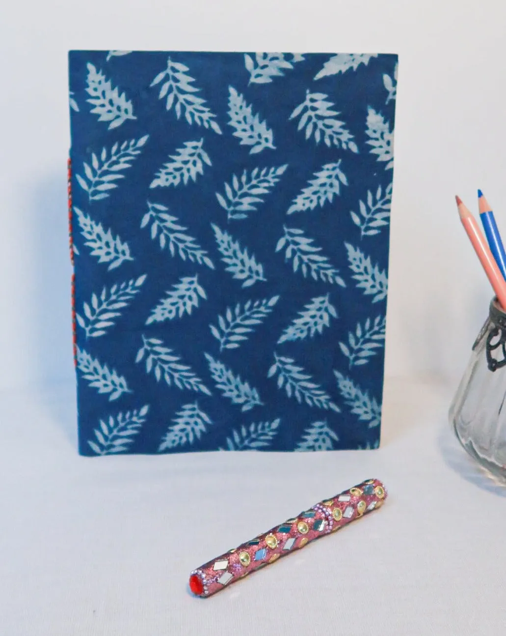 Big handmade block print notebook | Blue leafs
