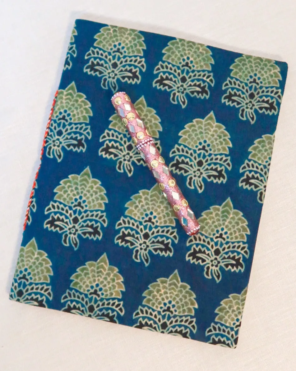 Big handmade block print notebook | Night blue and green