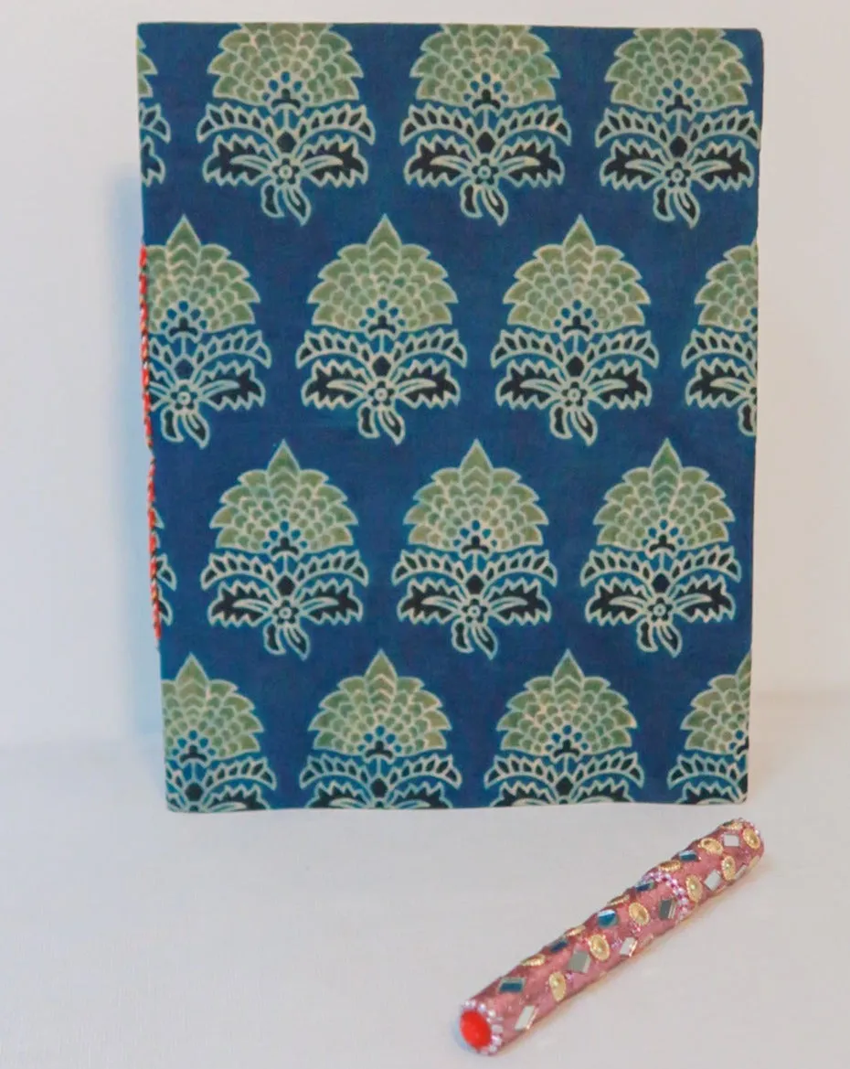 Big handmade block print notebook | Night blue and green