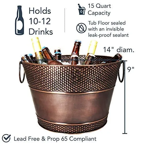 BREKX Copper Galvanized Old Tavern Copper-Finish Beverage Ice Bucket/Drink Tub for Parties, Wedding Gifts, 15 Quarts -Farmhouse Decor