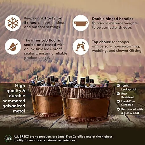 BREKX Copper Galvanized Old Tavern Copper-Finish Beverage Ice Bucket/Drink Tub for Parties, Wedding Gifts, 15 Quarts -Farmhouse Decor