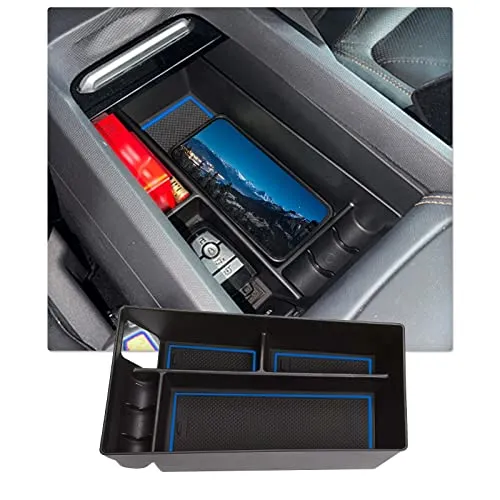 Center Console Organizer Tray for 2021  Mustang Mach-E Armrest Box Organizer Secondary Storage Glove Box for Latest Mustang Interior Accessories with USB Hole and Coin Holder (Blue)