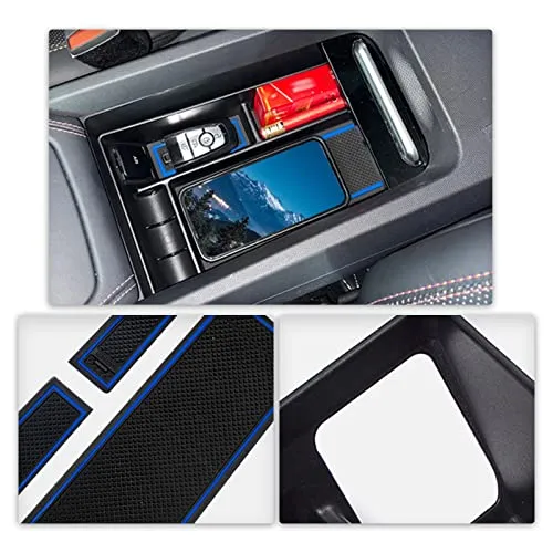 Center Console Organizer Tray for 2021  Mustang Mach-E Armrest Box Organizer Secondary Storage Glove Box for Latest Mustang Interior Accessories with USB Hole and Coin Holder (Blue)