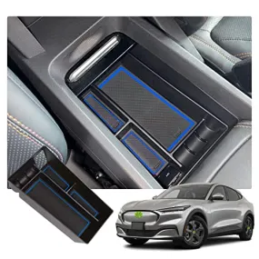 Center Console Organizer Tray for 2021  Mustang Mach-E Armrest Box Organizer Secondary Storage Glove Box for Latest Mustang Interior Accessories with USB Hole and Coin Holder (Blue)