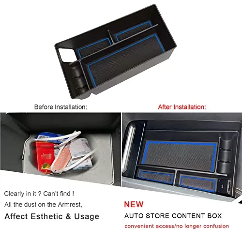 Center Console Organizer Tray for 2021  Mustang Mach-E Armrest Box Organizer Secondary Storage Glove Box for Latest Mustang Interior Accessories with USB Hole and Coin Holder (Blue)