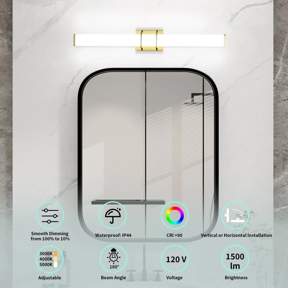 ExBrite 31.5" Sleek LED Vanity Light with Glass Shade, Tri-Color Temperature and Stepless Dimming,  ETL-Certified, Gold