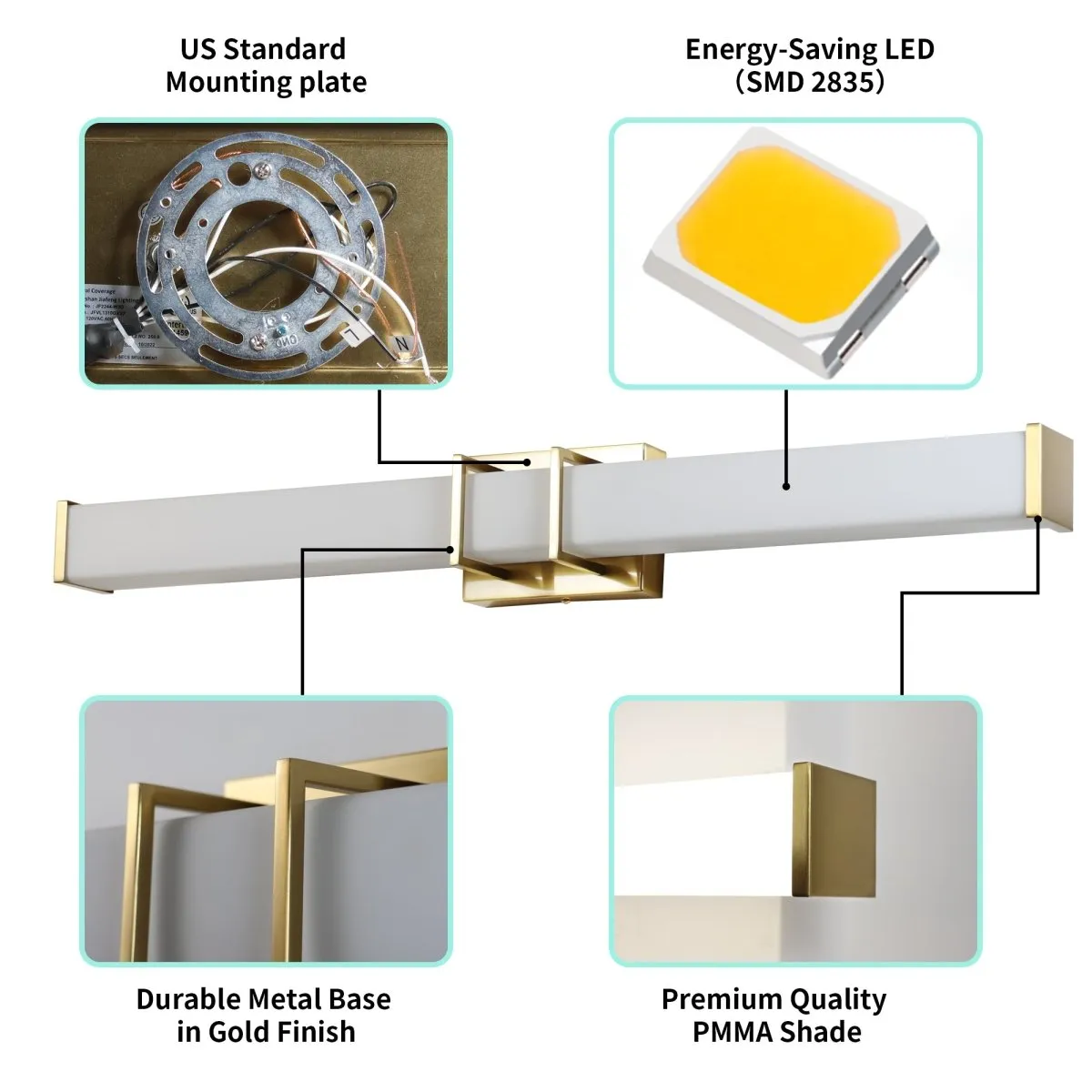 ExBrite 31.5" Sleek LED Vanity Light with Glass Shade, Tri-Color Temperature and Stepless Dimming,  ETL-Certified, Gold