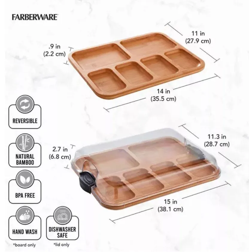 Farberware 11"x14" Build-a-Board Charcuterie 6 pkt Bamboo Board with Locking Lid and Black Handle