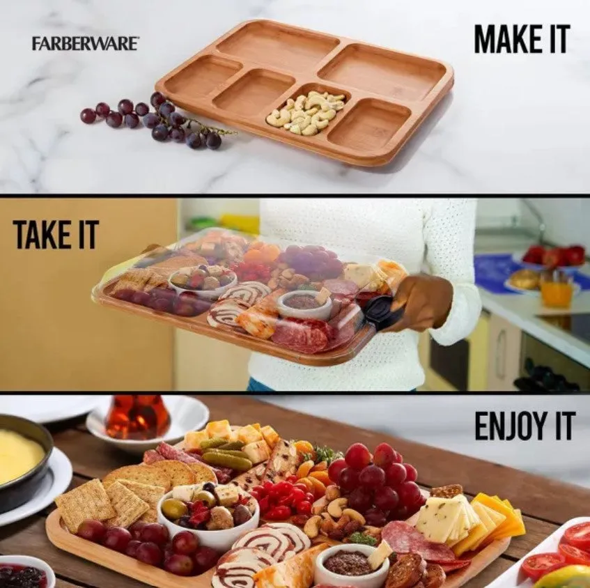 Farberware 11"x14" Build-a-Board Charcuterie 6 pkt Bamboo Board with Locking Lid and Black Handle