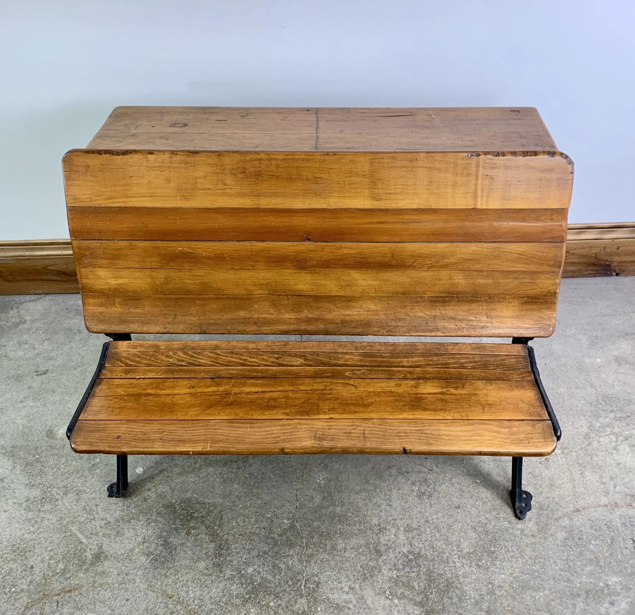 Globe Vintage School Desk, Double Wide, Black Iron and Wood