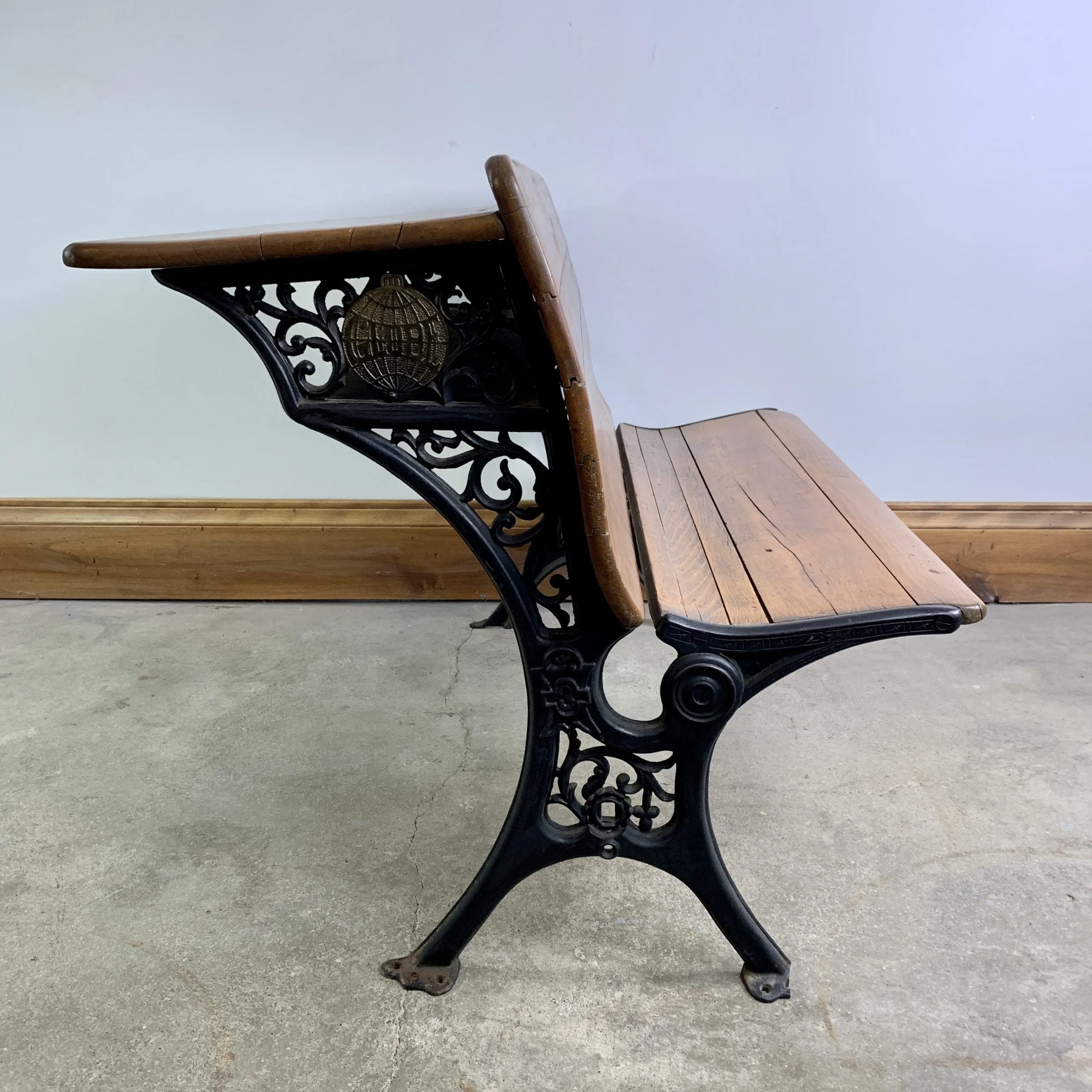 Globe Vintage School Desk, Double Wide, Black Iron and Wood