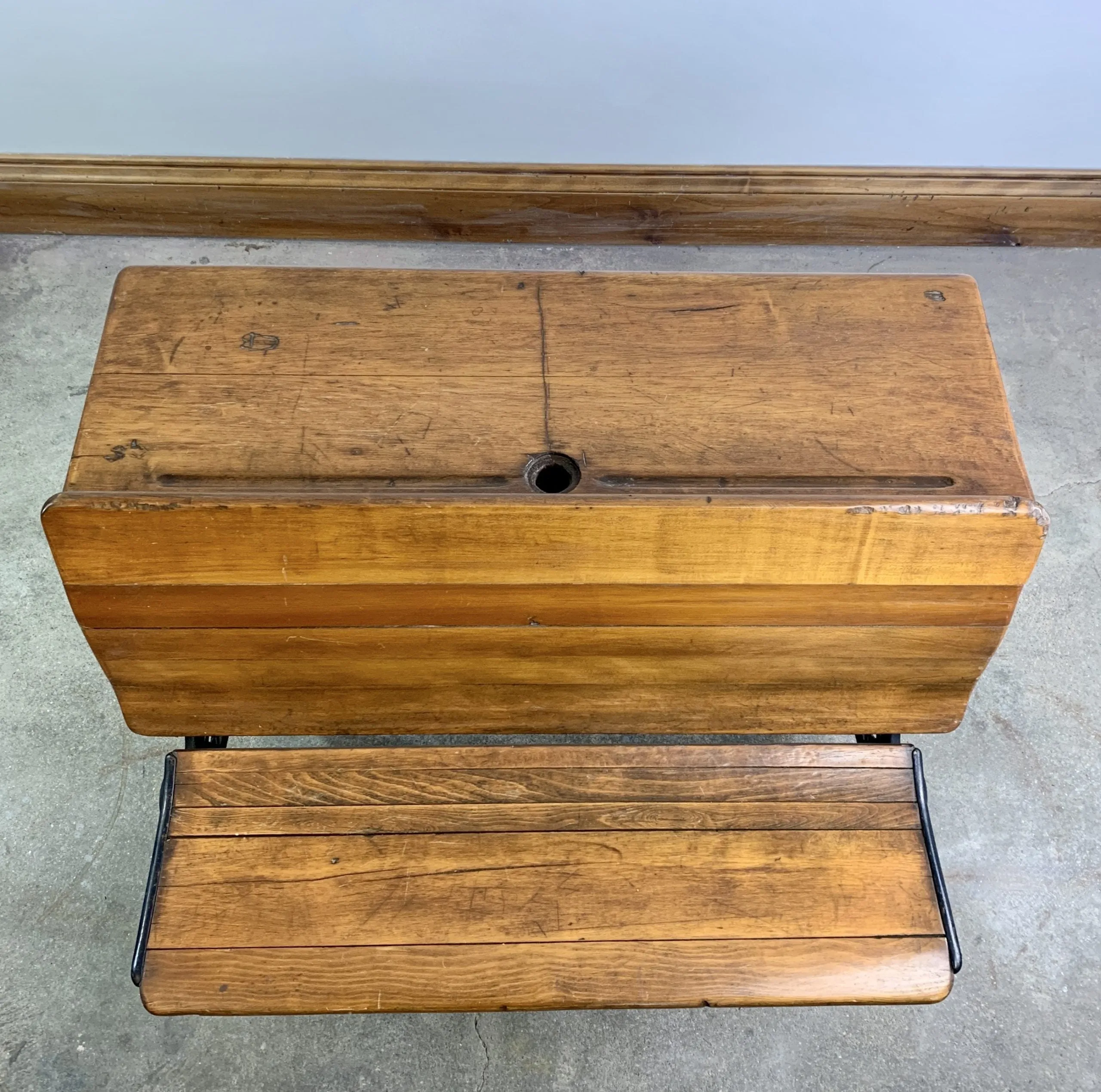 Globe Vintage School Desk, Double Wide, Black Iron and Wood