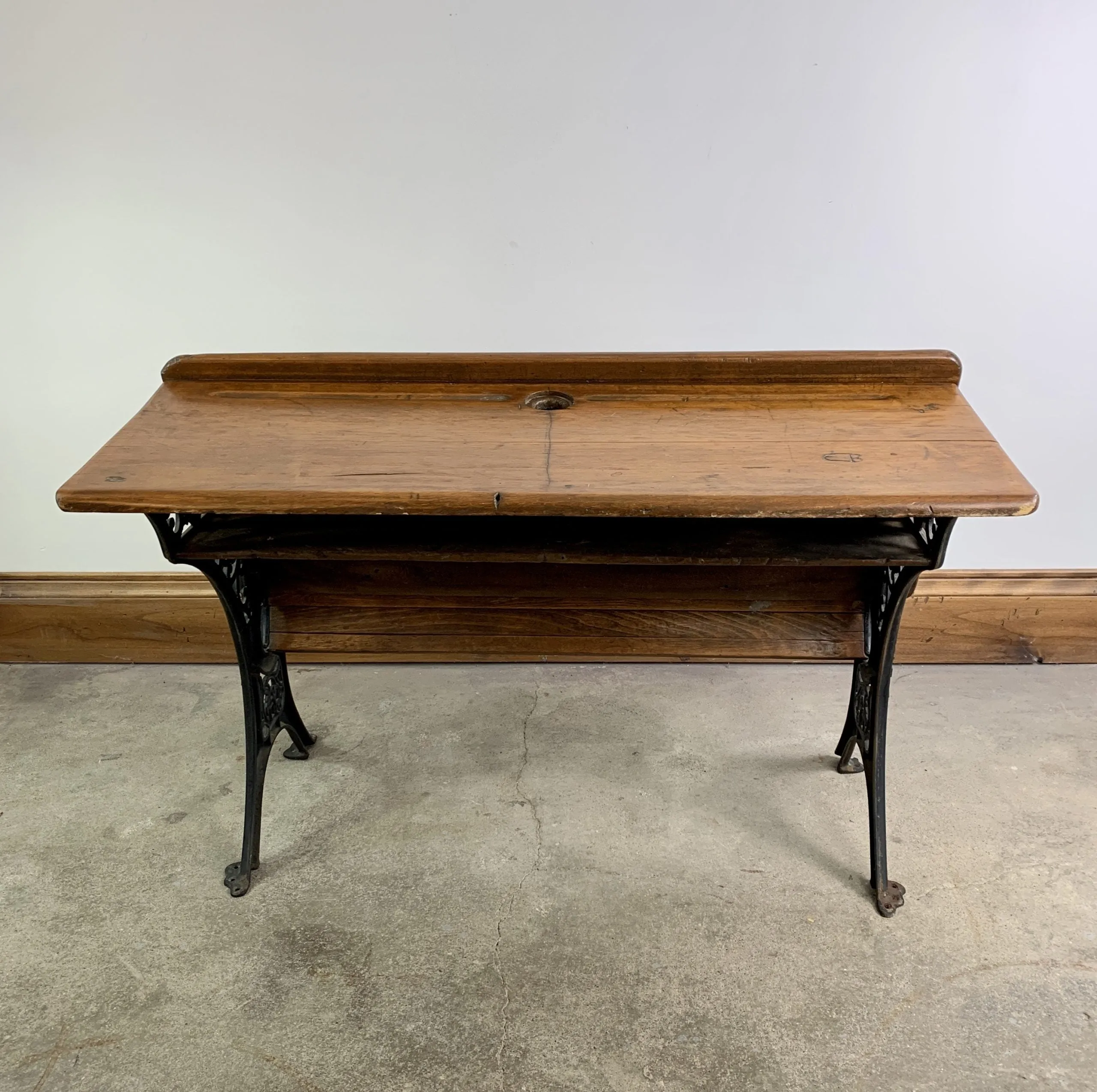 Globe Vintage School Desk, Double Wide, Black Iron and Wood