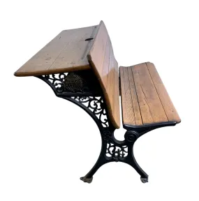 Globe Vintage School Desk, Double Wide, Black Iron and Wood