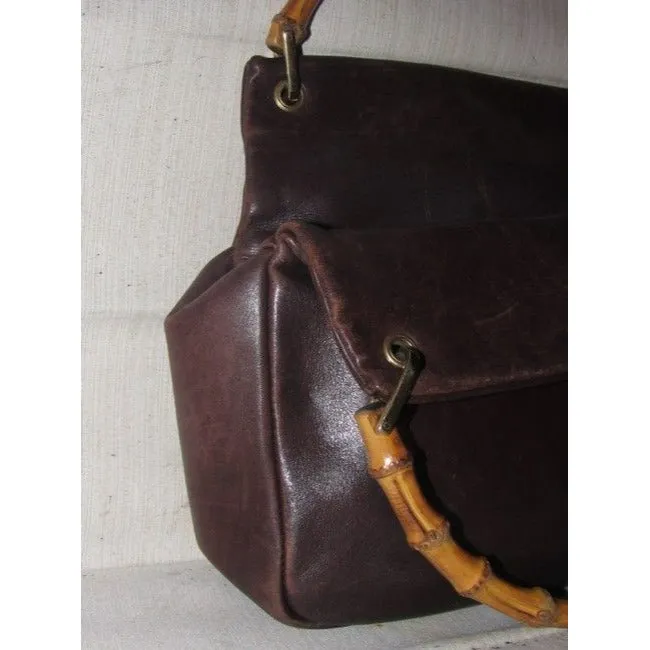 Gucci Vintage Supple Brown Leather Body And Bamboo Handles And Accents