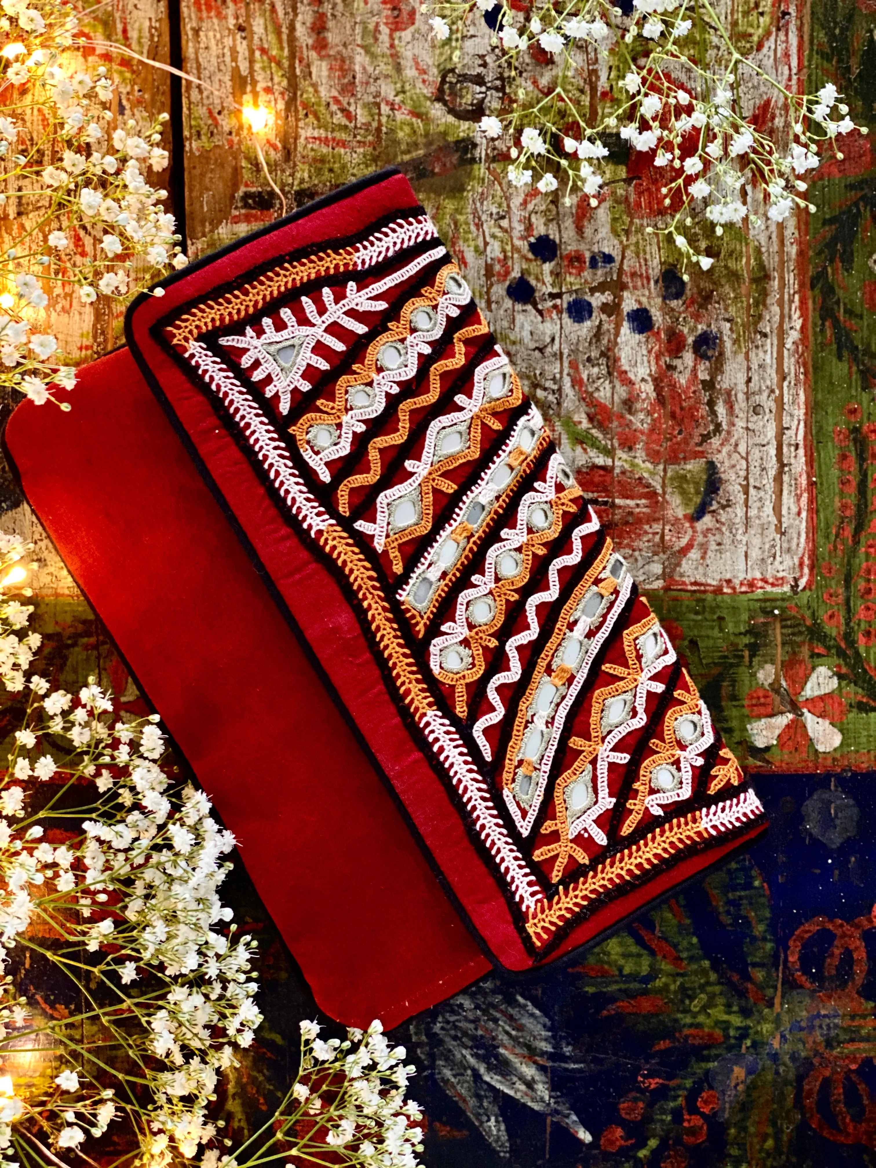 Hand Embroidered Rabari Organic Cotton Clutch Purse Maroon Tribal 24x17CM