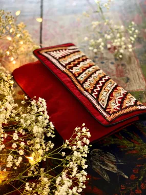 Hand Embroidered Rabari Organic Cotton Clutch Purse Maroon Tribal 24x17CM