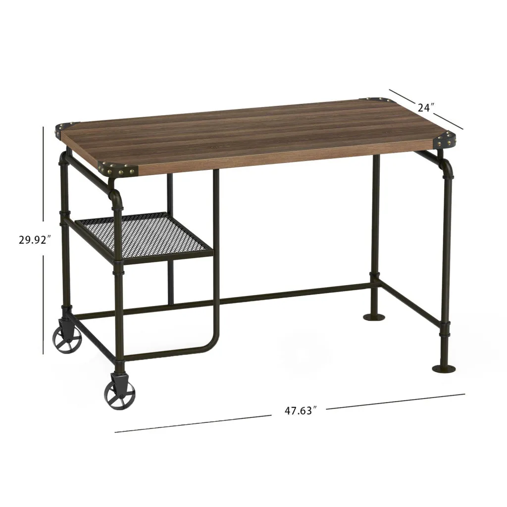 Industrial Metal Writing Desk With Wooden Top, Brown and Black - BM123648