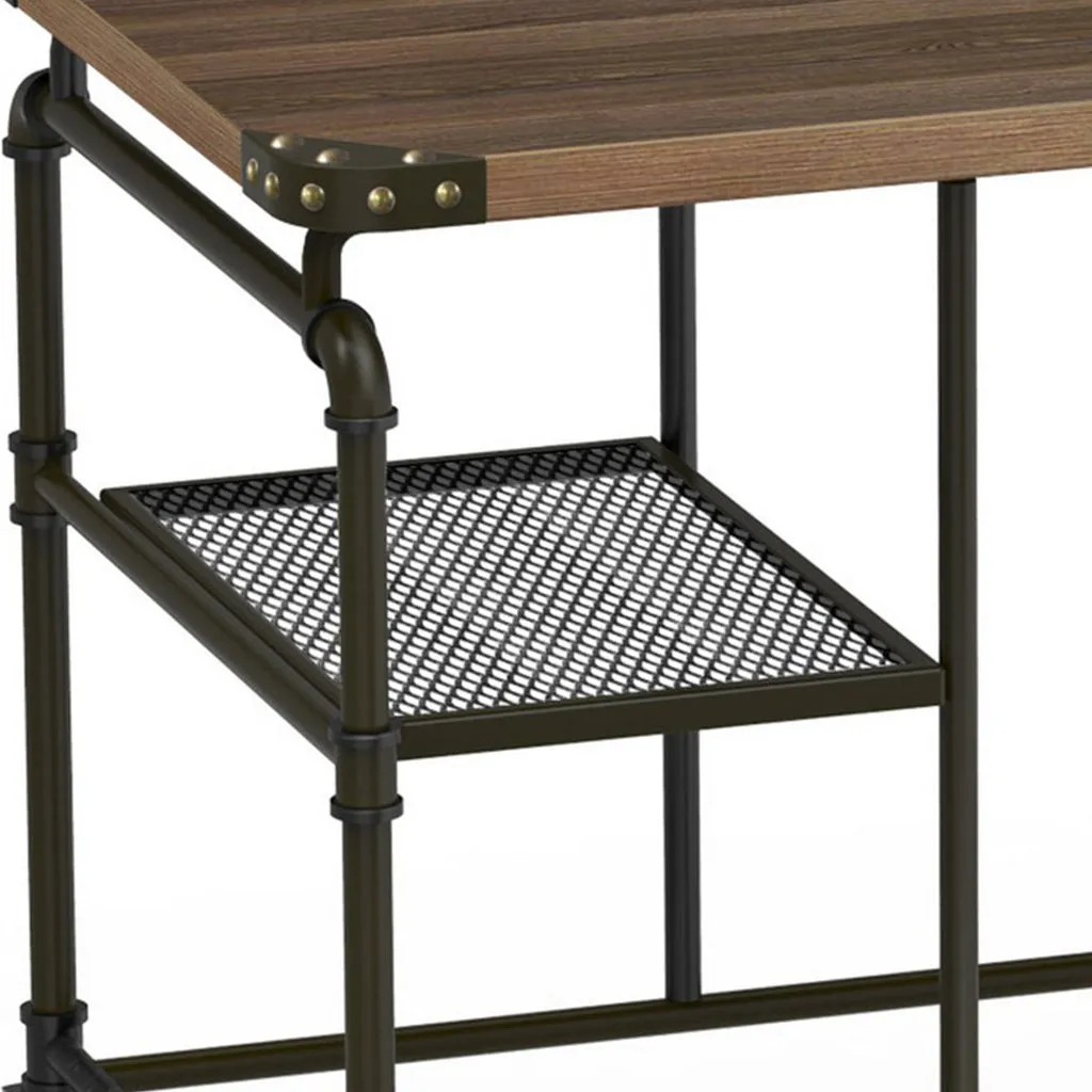 Industrial Metal Writing Desk With Wooden Top, Brown and Black - BM123648