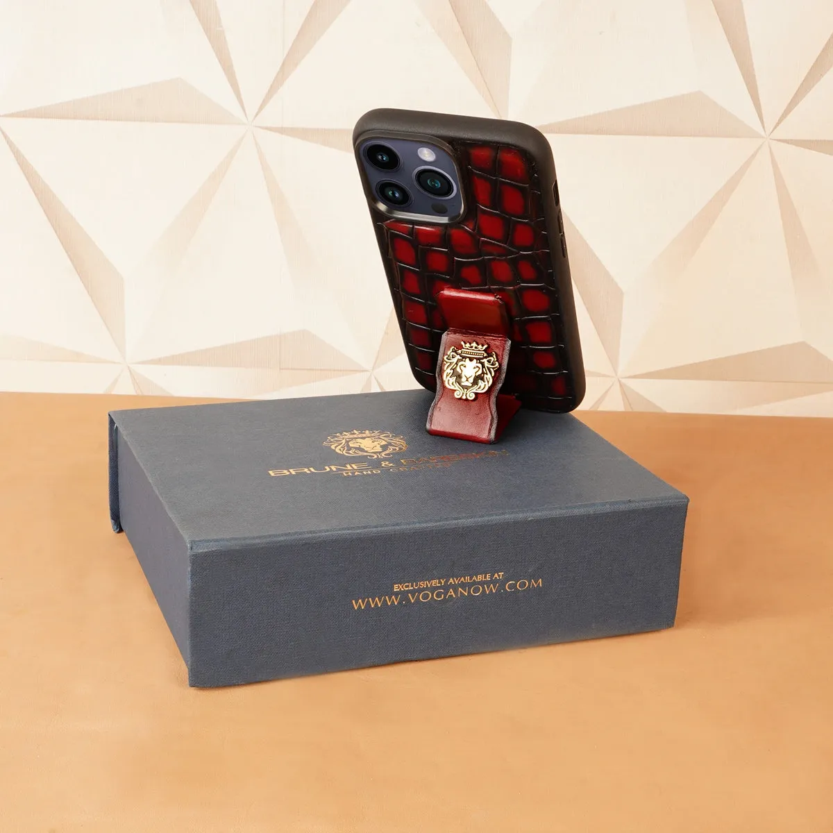 iPhone Series Mobile Cover Finger strap cum Stand Smokey Wine Croco Textured Leather with Metal Lion Logo