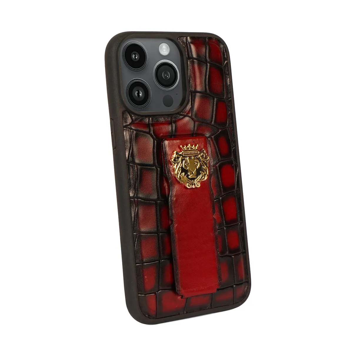iPhone Series Mobile Cover Finger strap cum Stand Smokey Wine Croco Textured Leather with Metal Lion Logo
