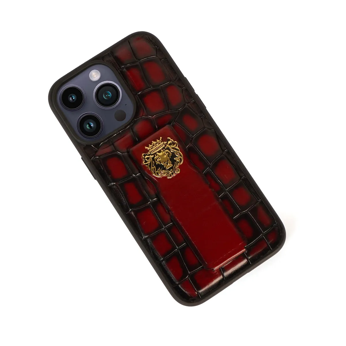 iPhone Series Mobile Cover Finger strap cum Stand Smokey Wine Croco Textured Leather with Metal Lion Logo