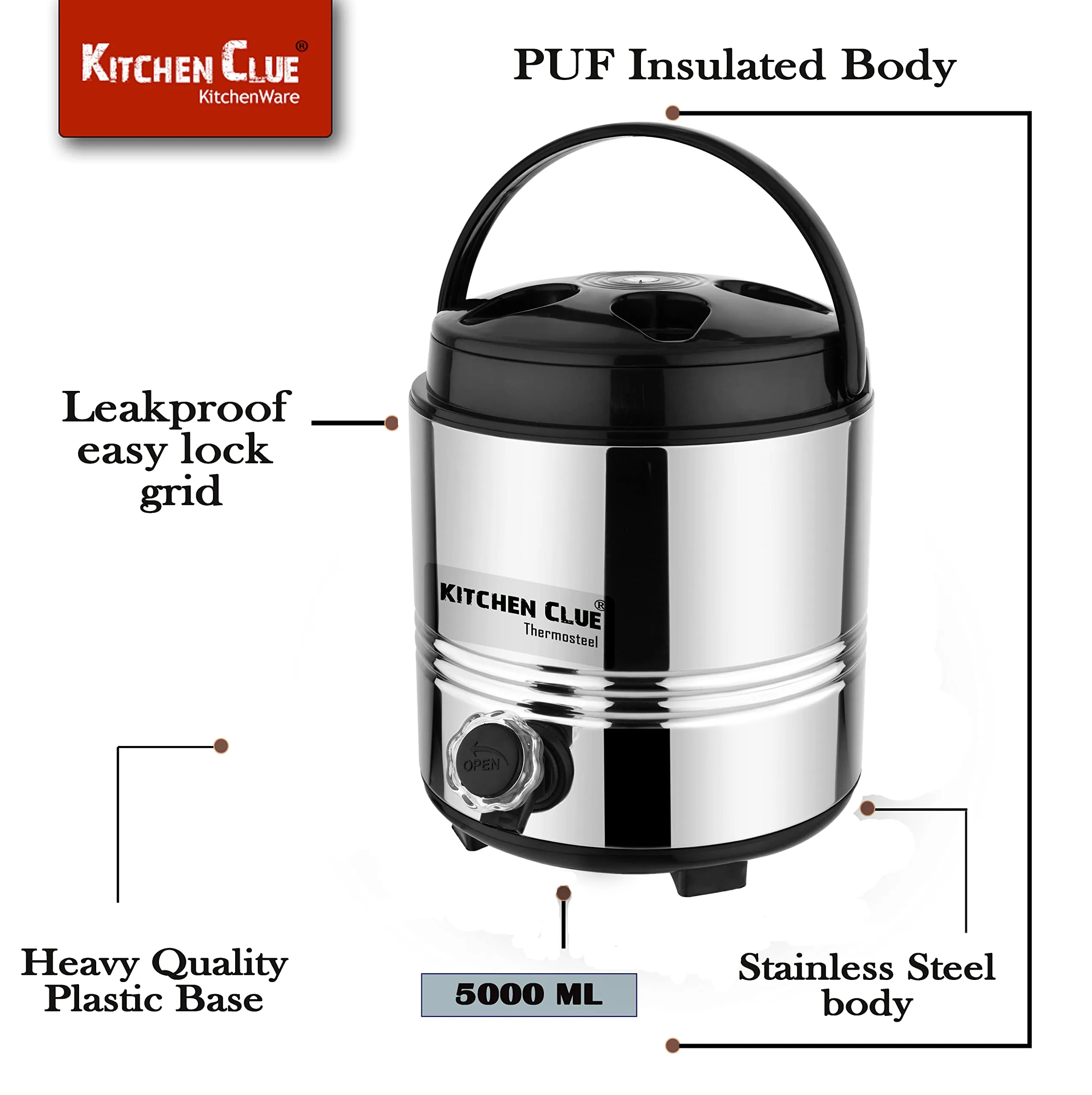 KITCHEN CLUE Stainless Steel PUF Insulated Water/Tea Containers for Kitchen I 5 Liter I Hot Tea Flask/Bottled Jug I Unbreakable & Highly Durable I Easy to Clean & Maintain (5 Liter)