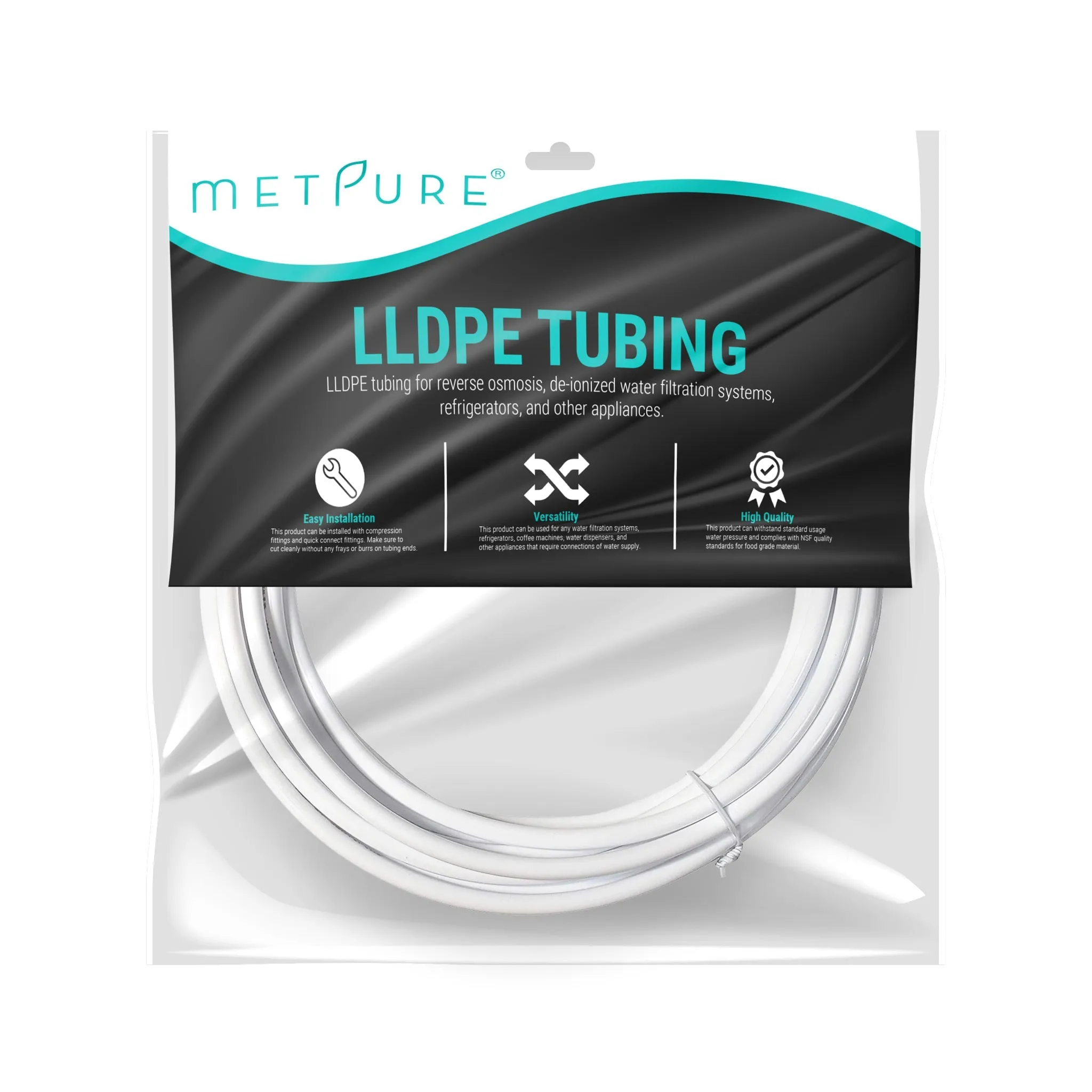 LLDPE 1/4" OD Tube 25 ft Roll in Metpure Retail Bag. Certified by NSF. For Reverse Osmosis De-ionized Water Filtration Systems, Refrigerators, and Other Appliances. White Color