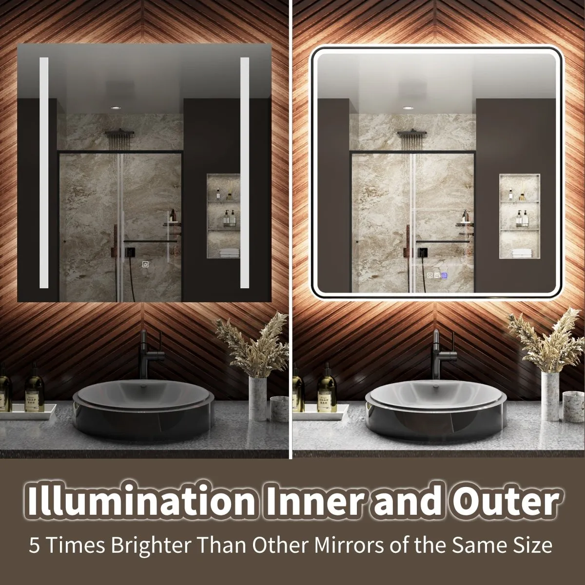 Lumina 36" W x 36" H LED Lighted Bathroom Mirror,High Illuminate, Inner & Outer Lighting,Anti-Fog, Dimmable,Black Frame with Rounded Corners
