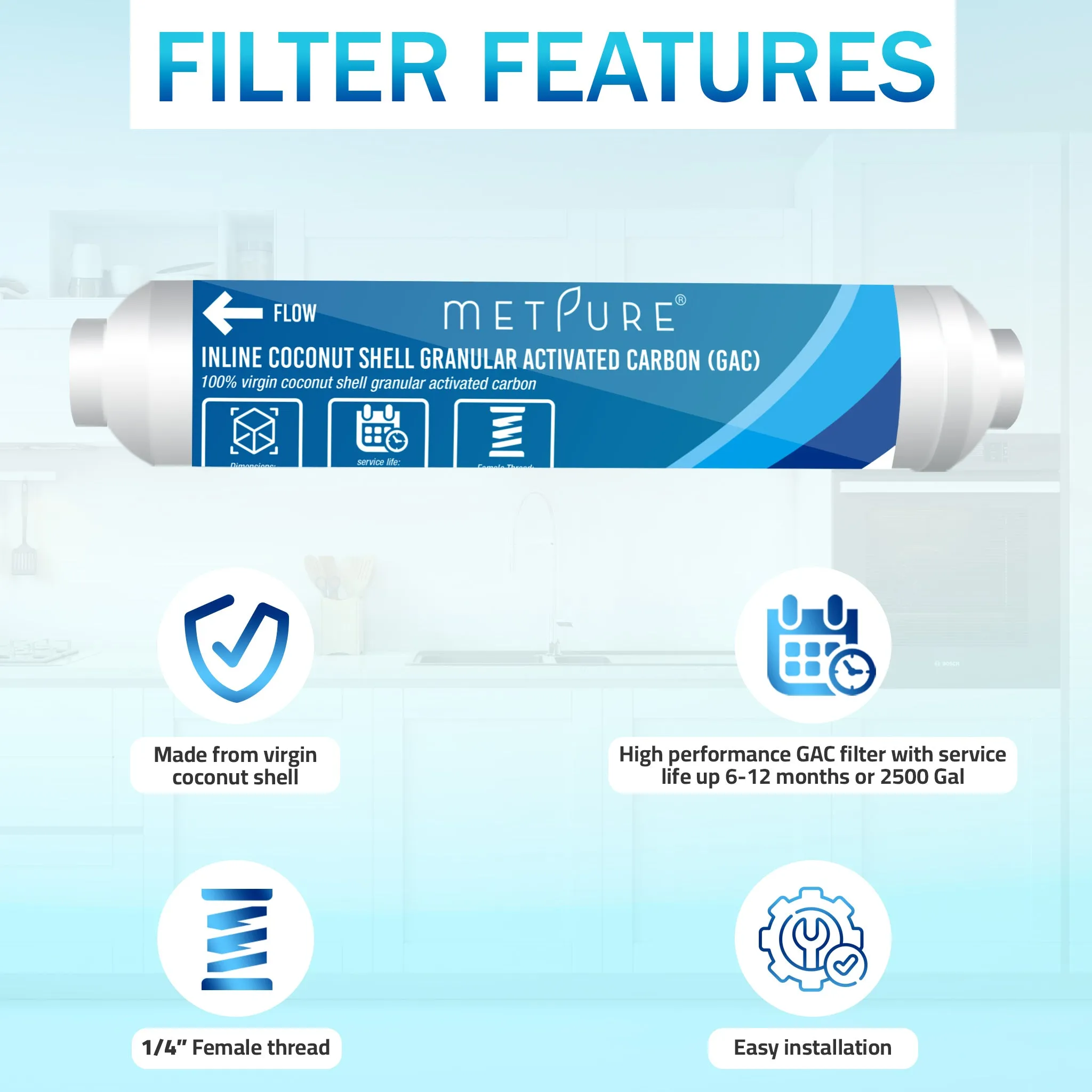 Metpure Inline Water Filter for IceMaker, Refrigerator, Water Filtration System, Coffee Maker 2" x 10" x 1/4" OD FIP Female Thread GAC Coconut Shell Granular Activated Carbon Post Filter