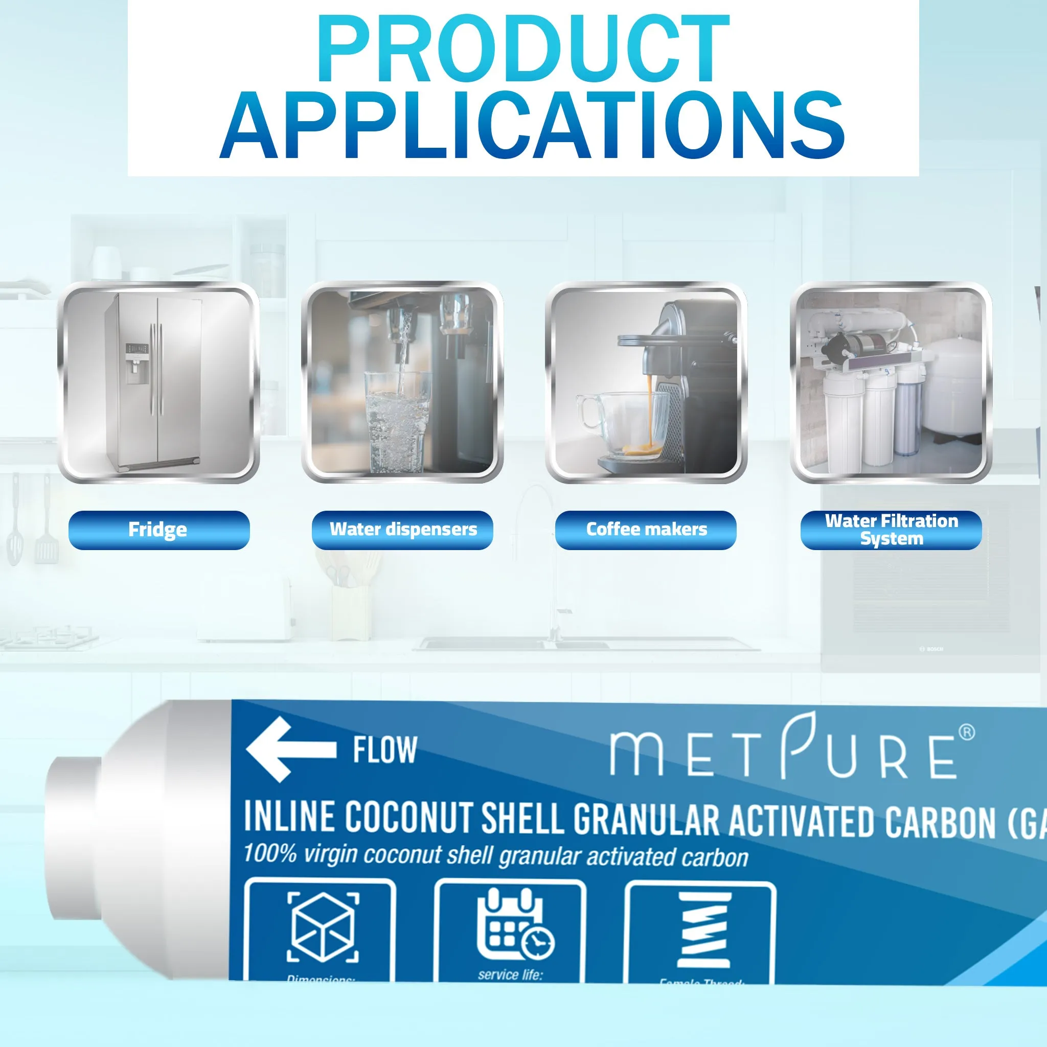Metpure Inline Water Filter for IceMaker, Refrigerator, Water Filtration System, Coffee Maker 2" x 10" x 1/4" OD FIP Female Thread GAC Coconut Shell Granular Activated Carbon Post Filter