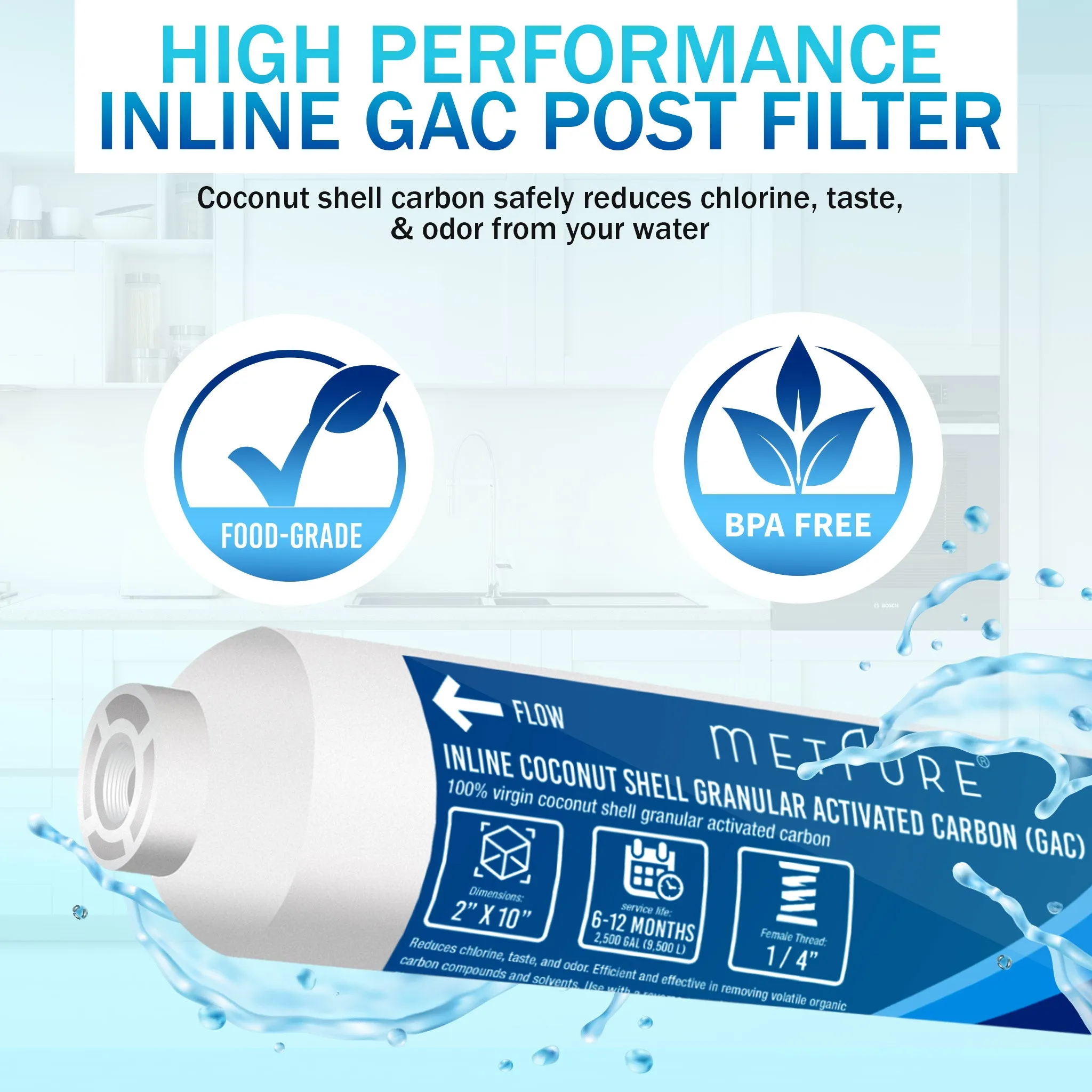 Metpure Inline Water Filter for IceMaker, Refrigerator, Water Filtration System, Coffee Maker 2" x 10" x 1/4" OD FIP Female Thread GAC Coconut Shell Granular Activated Carbon Post Filter