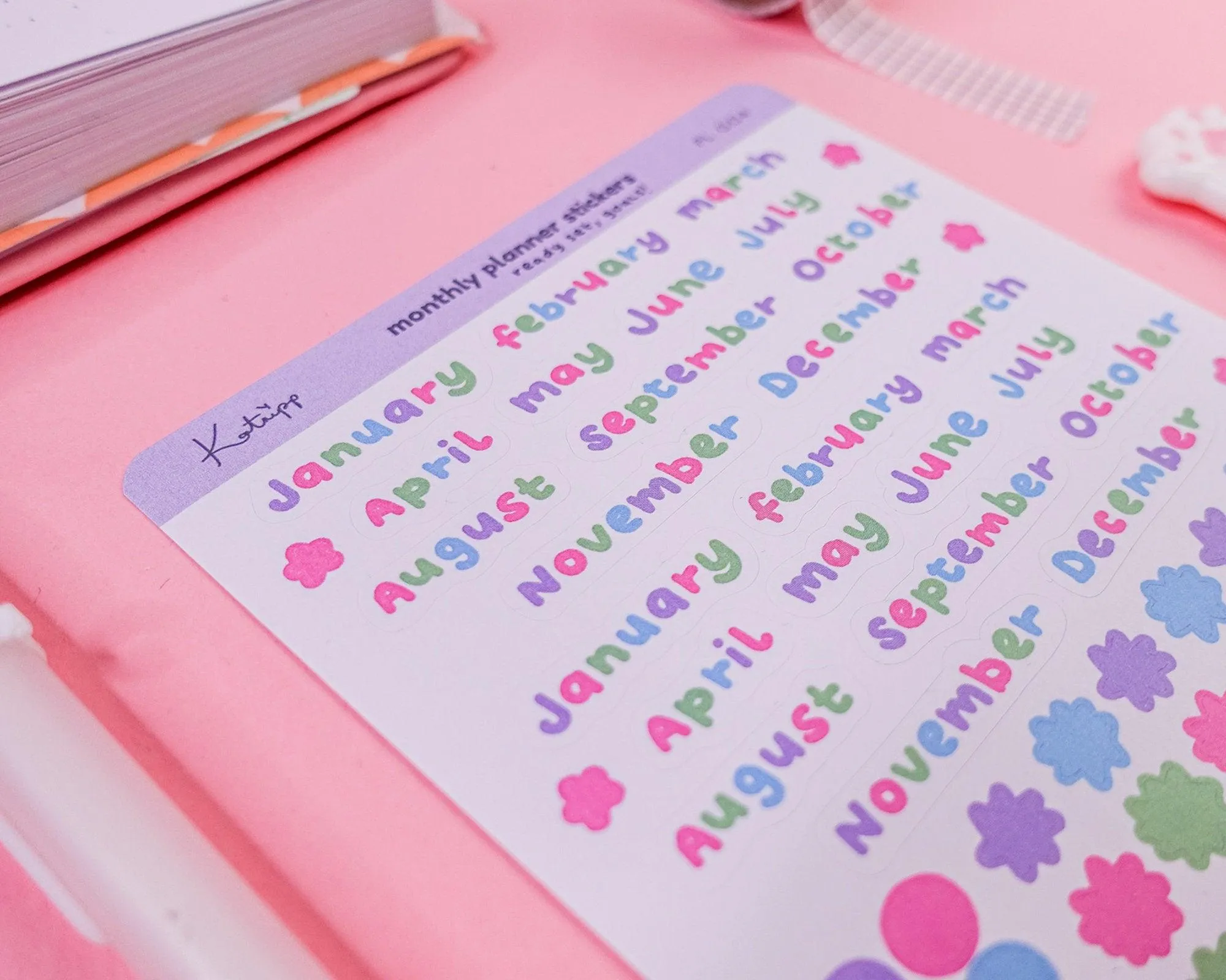 Monthly Planner Sticker Sheet | Darker Pastel Month Labels & Confetti | Kawaii Journal & Bullet Planner Stickers | PL 004