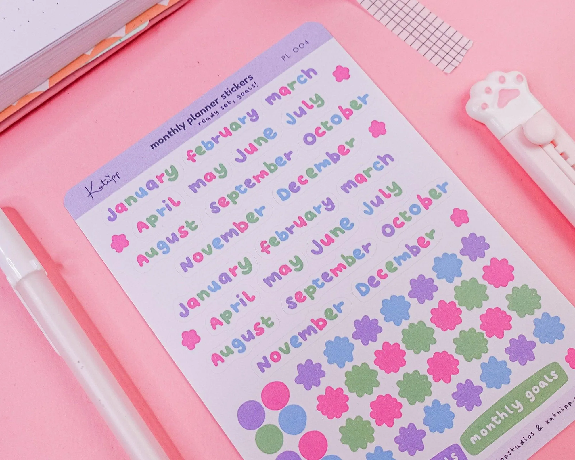 Monthly Planner Sticker Sheet | Darker Pastel Month Labels & Confetti | Kawaii Journal & Bullet Planner Stickers | PL 004